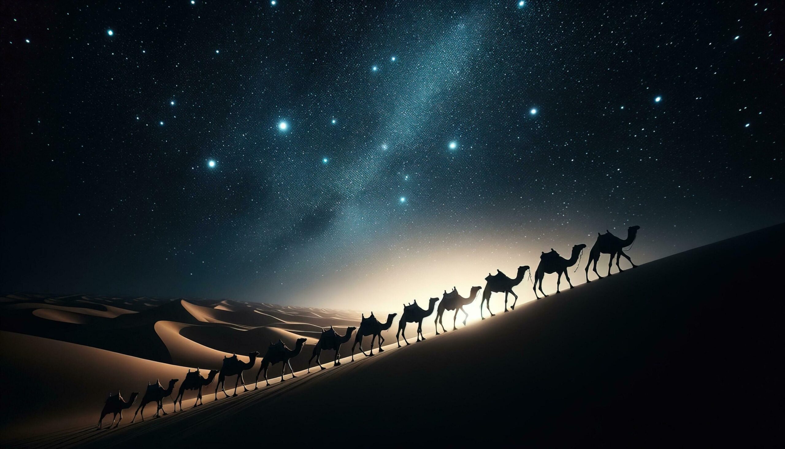 Ai-generated-a-camel-caravan-silhouetted-against-a-starry-desert-sky-generative-ai-free-photo