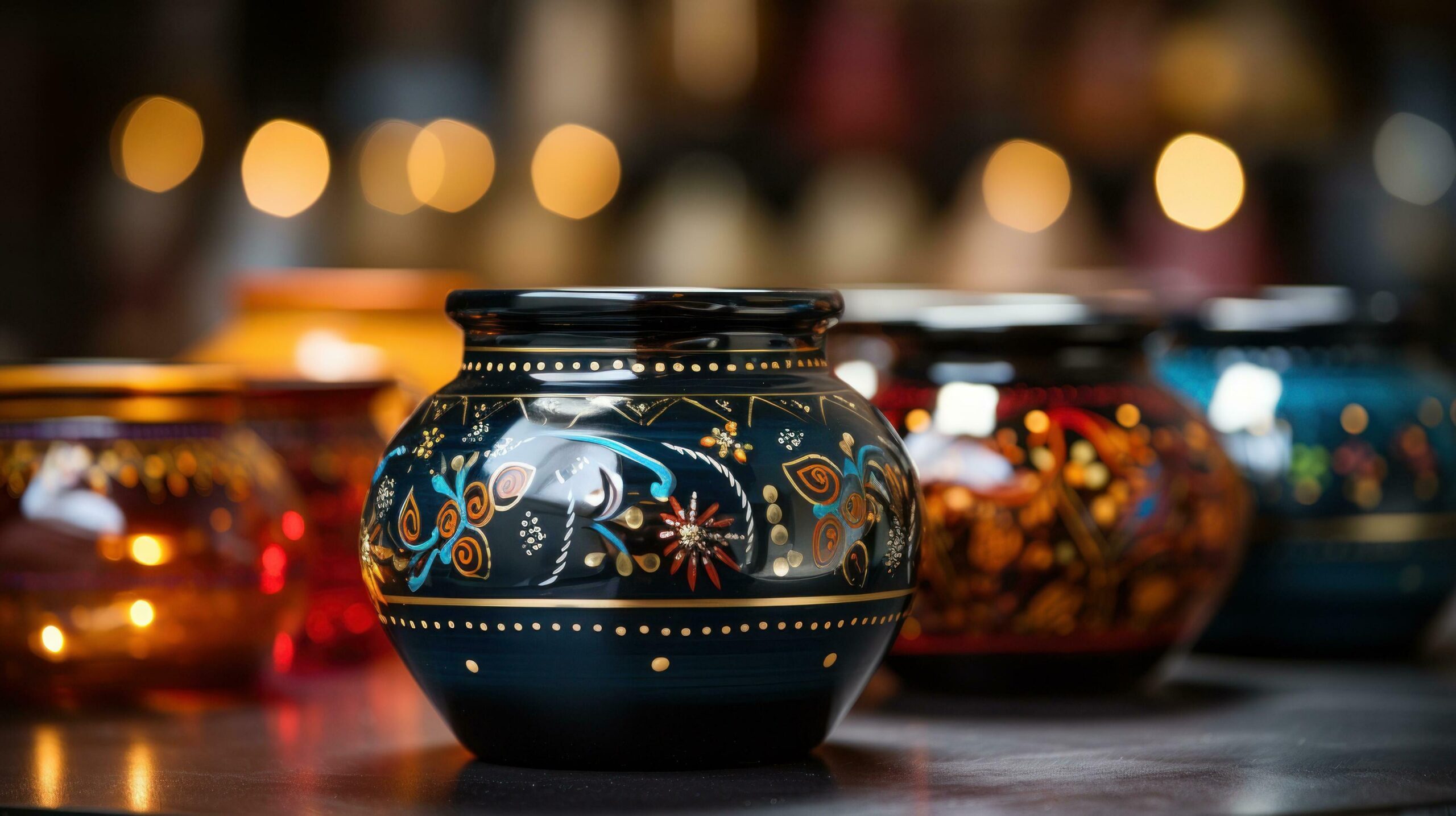 Ai-generated-a-row-of-colorful-vases-neatly-arranged-on-a-table-adding-a-touch-of-elegance-and-vibrancy-to-the-room-generative-ai-free-photo