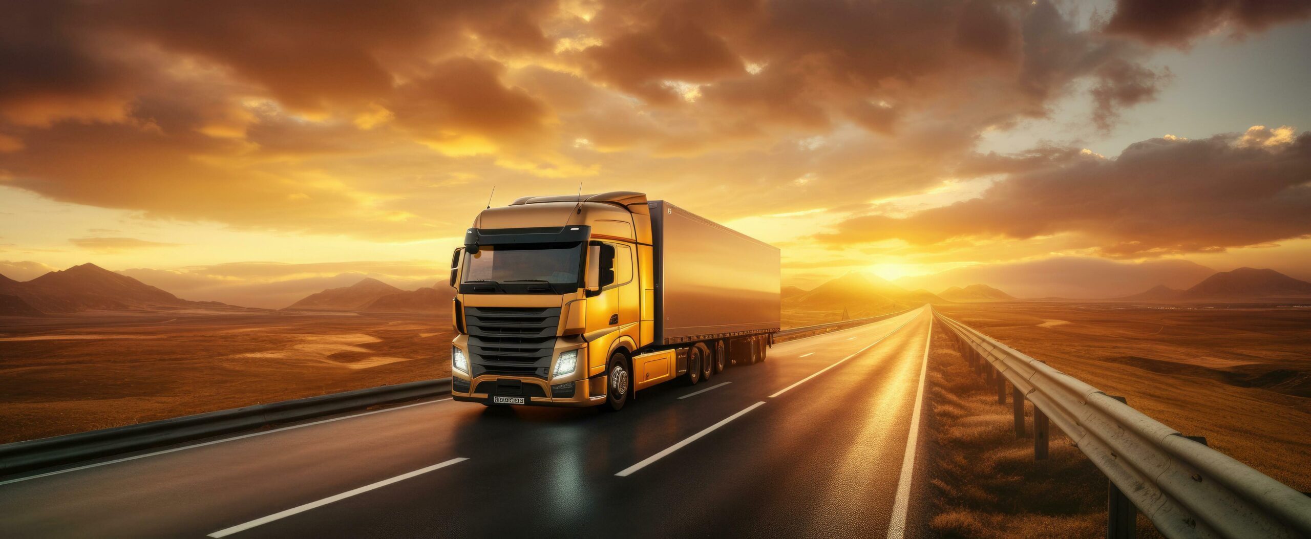 Ai-generated-a-semi-truck-driving-down-a-highway-at-sunset-free-photo