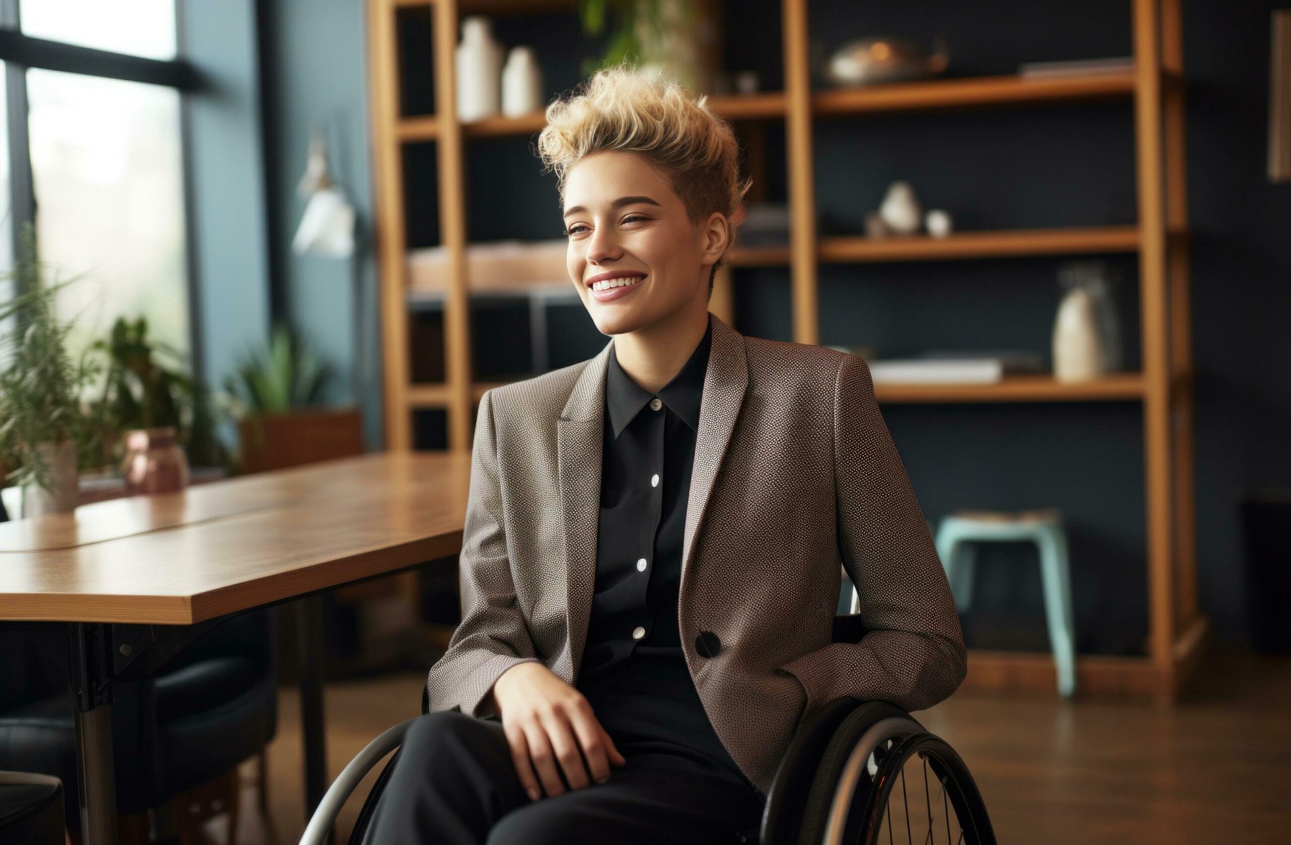 Ai-generated-aspiring-business-woman-in-wheelchair-smiling-in-an-office-free-photo