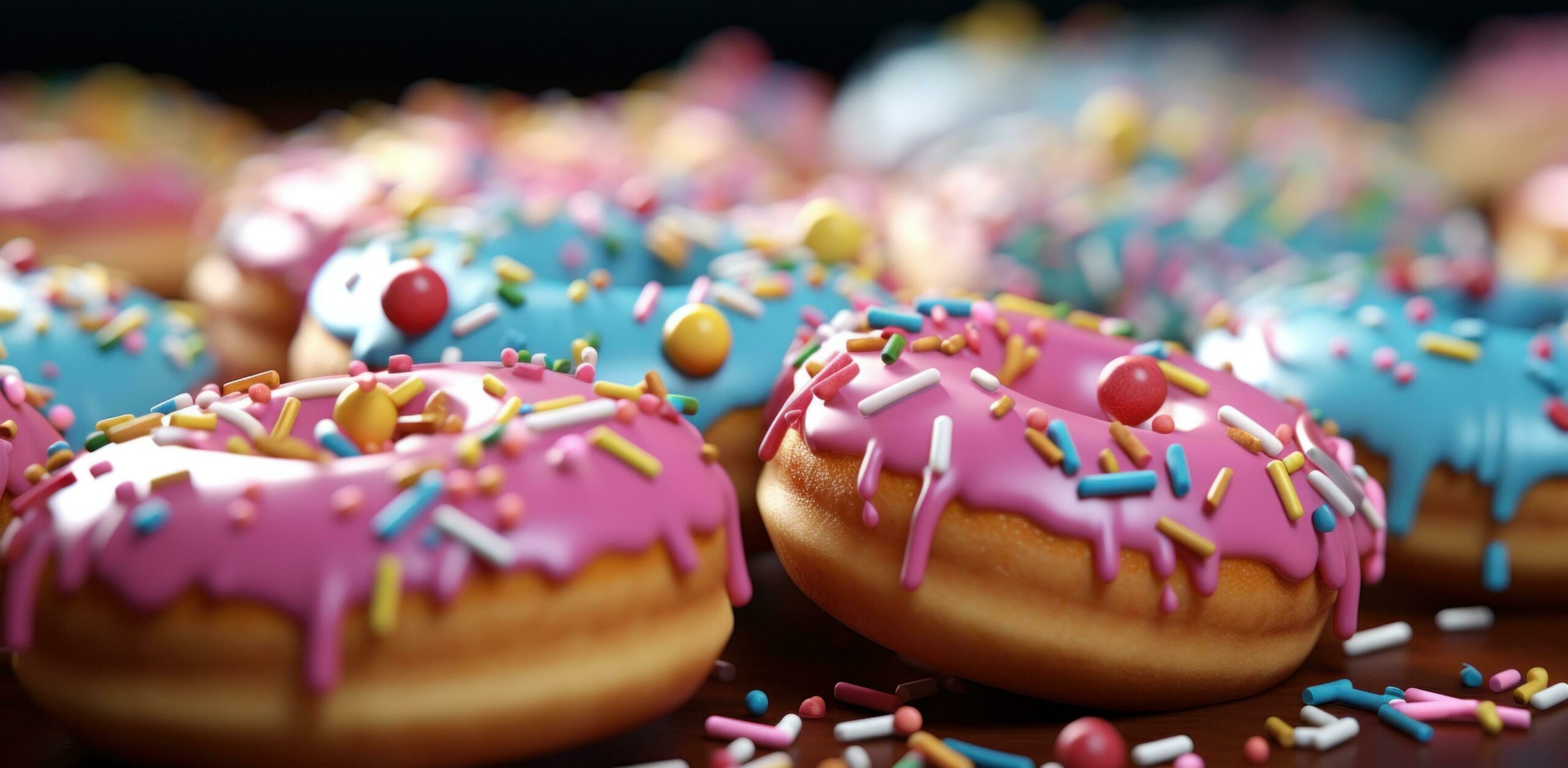 Ai-generated-colorful-doughnuts-with-sprinkles-over-top-with-yellow-frosting-and-pink-speckled-sprinkles-free-photo