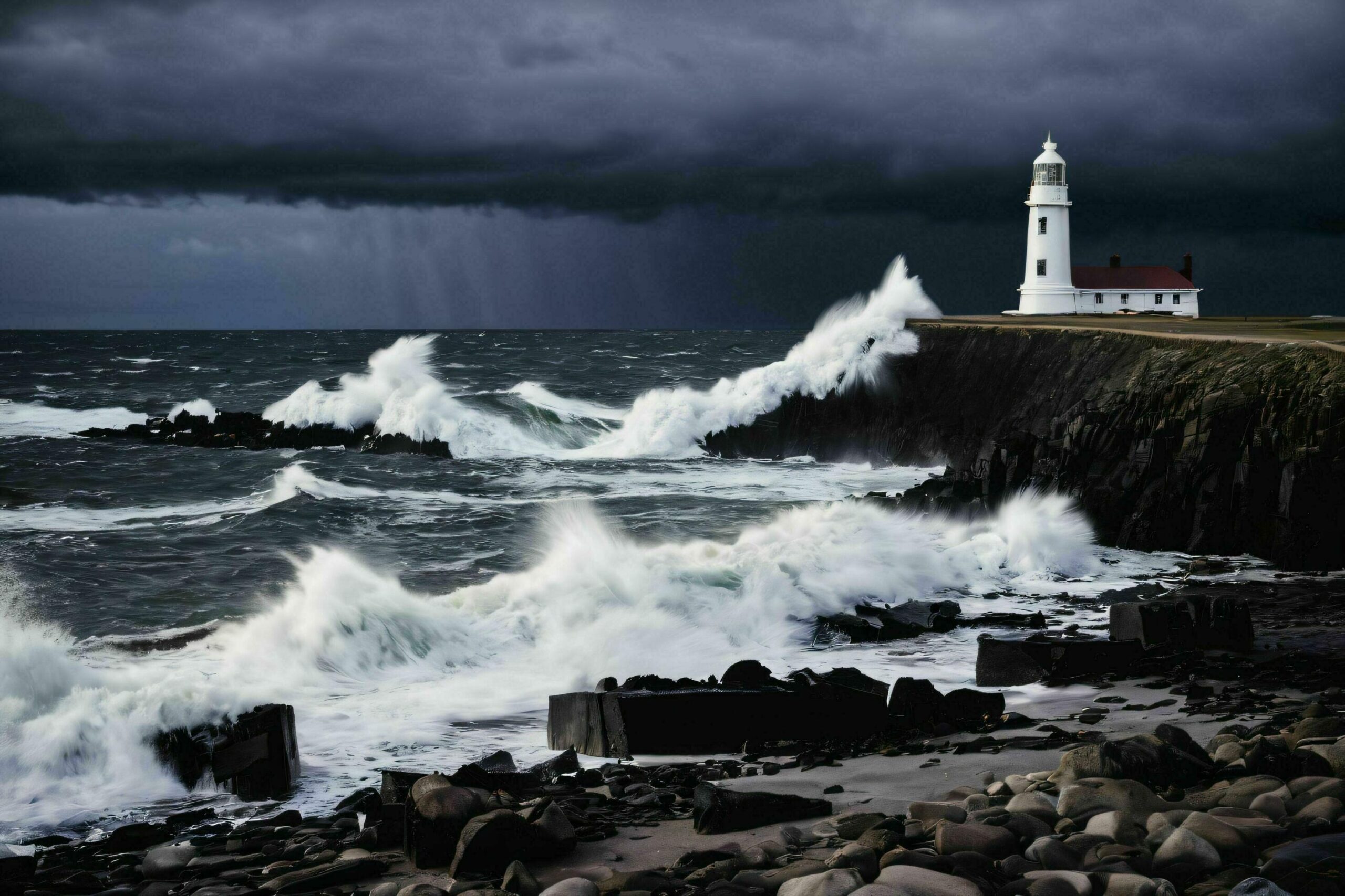 Ai-generated-dramatic-sea-waves-at-sea-shore-with-lighthouse-in-backdrop-free-photo