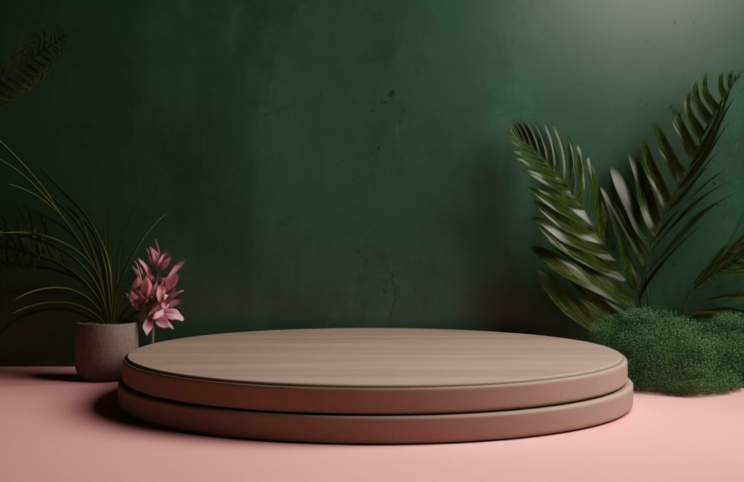 Ai-generated-empty-round-wooden-platform-with-green-plants-free-photo