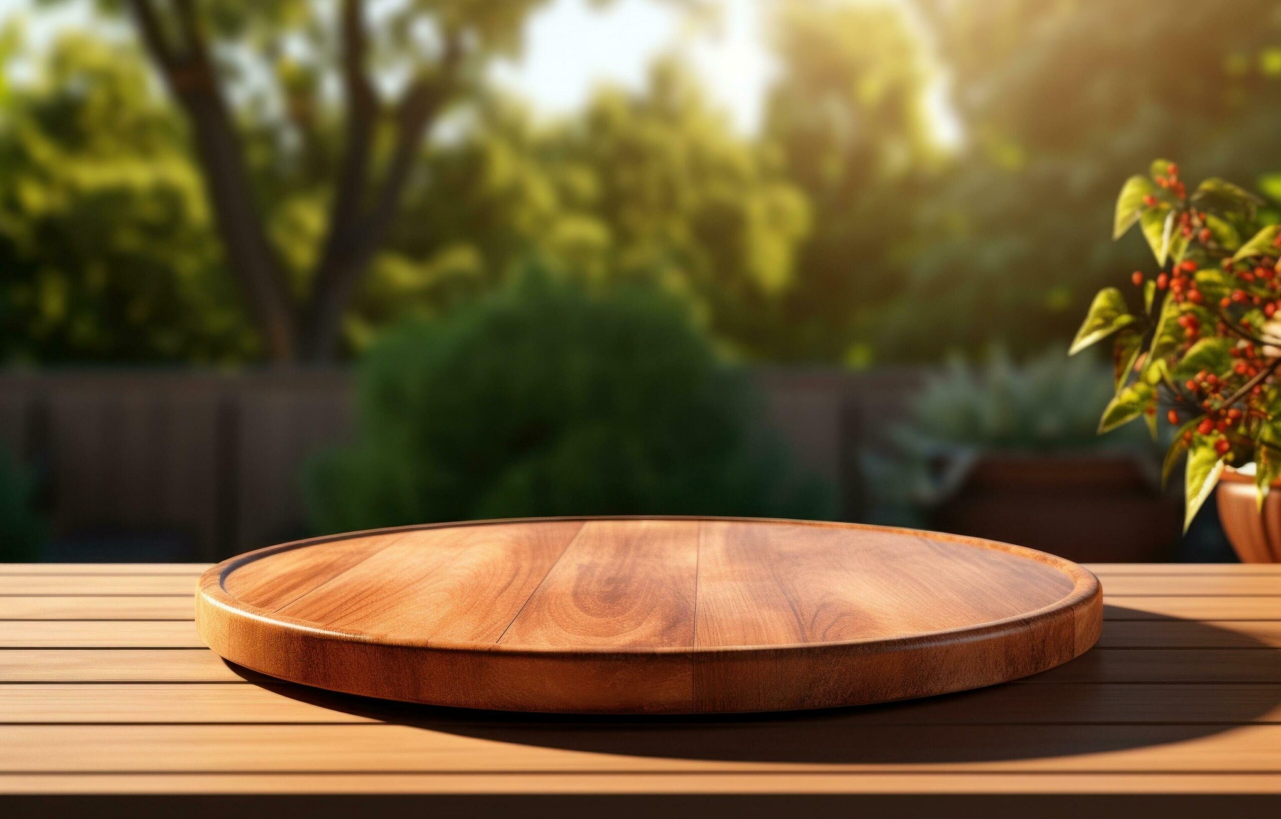 Ai-generated-empty-wooden-plate-on-deck-with-sunlight-behind-free-photo
