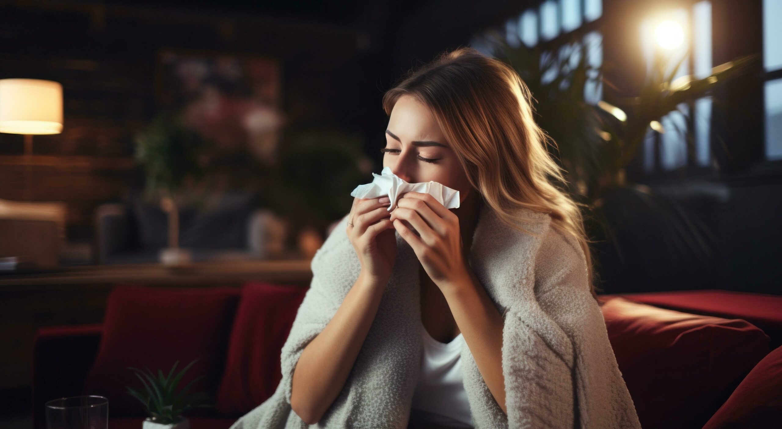Ai-generated-female-young-woman-sneezing-with-white-allergy-nasal-tissue-on-a-couch-free-photo
