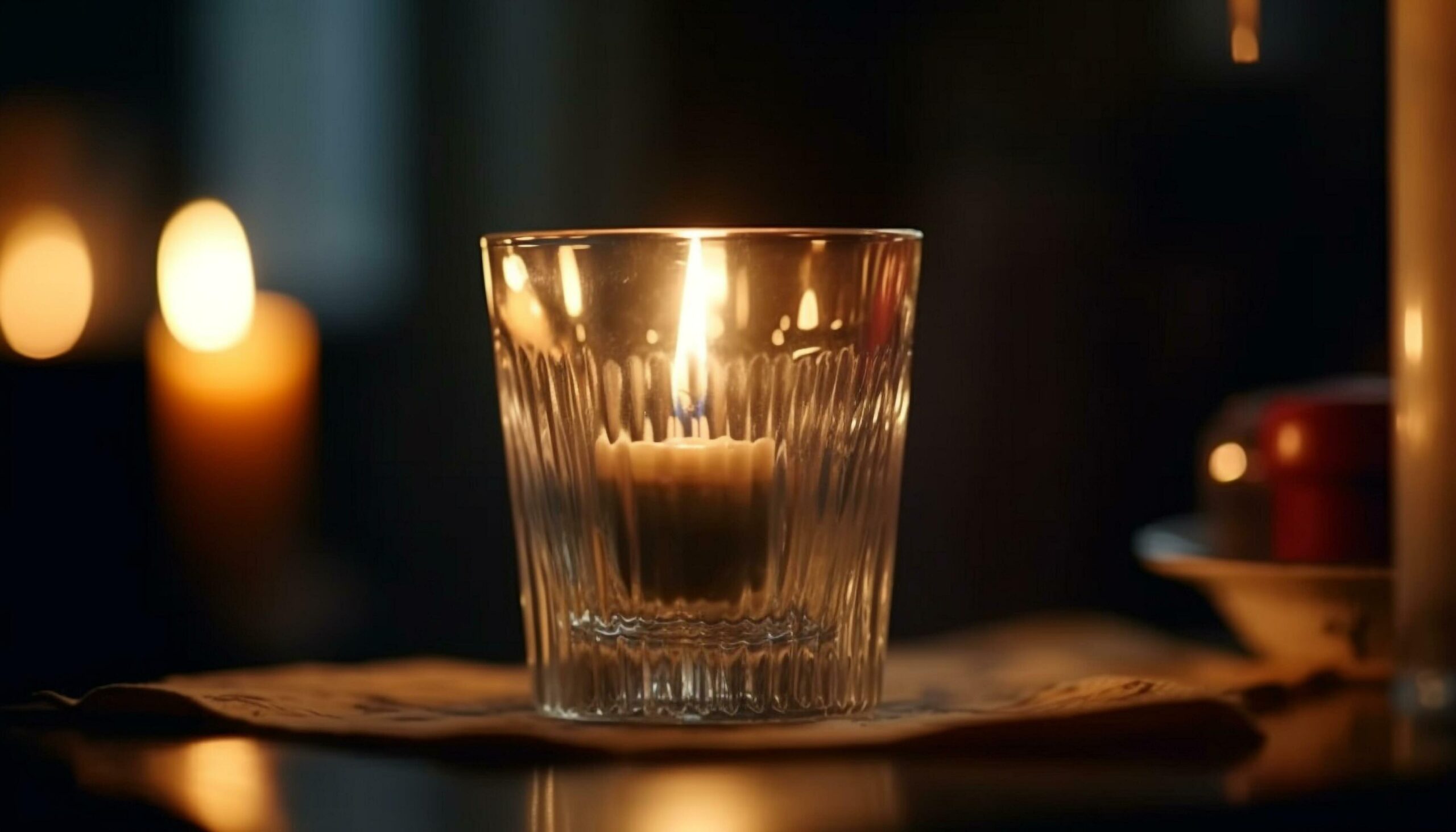 Ai-generated-flame-illuminates-table-glass-of-whiskey-candlelight-reflection-in-liquid-generated-by-ai-free-photo