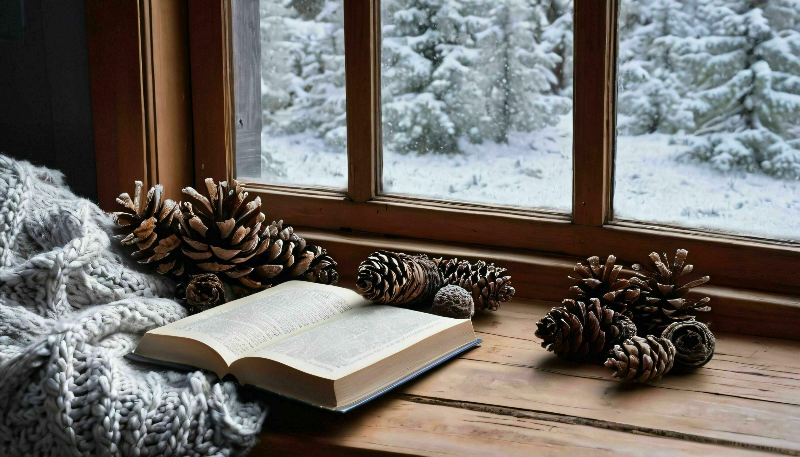 Ai-generated-open-book-and-pines-at-winter-window-sill-free-photo