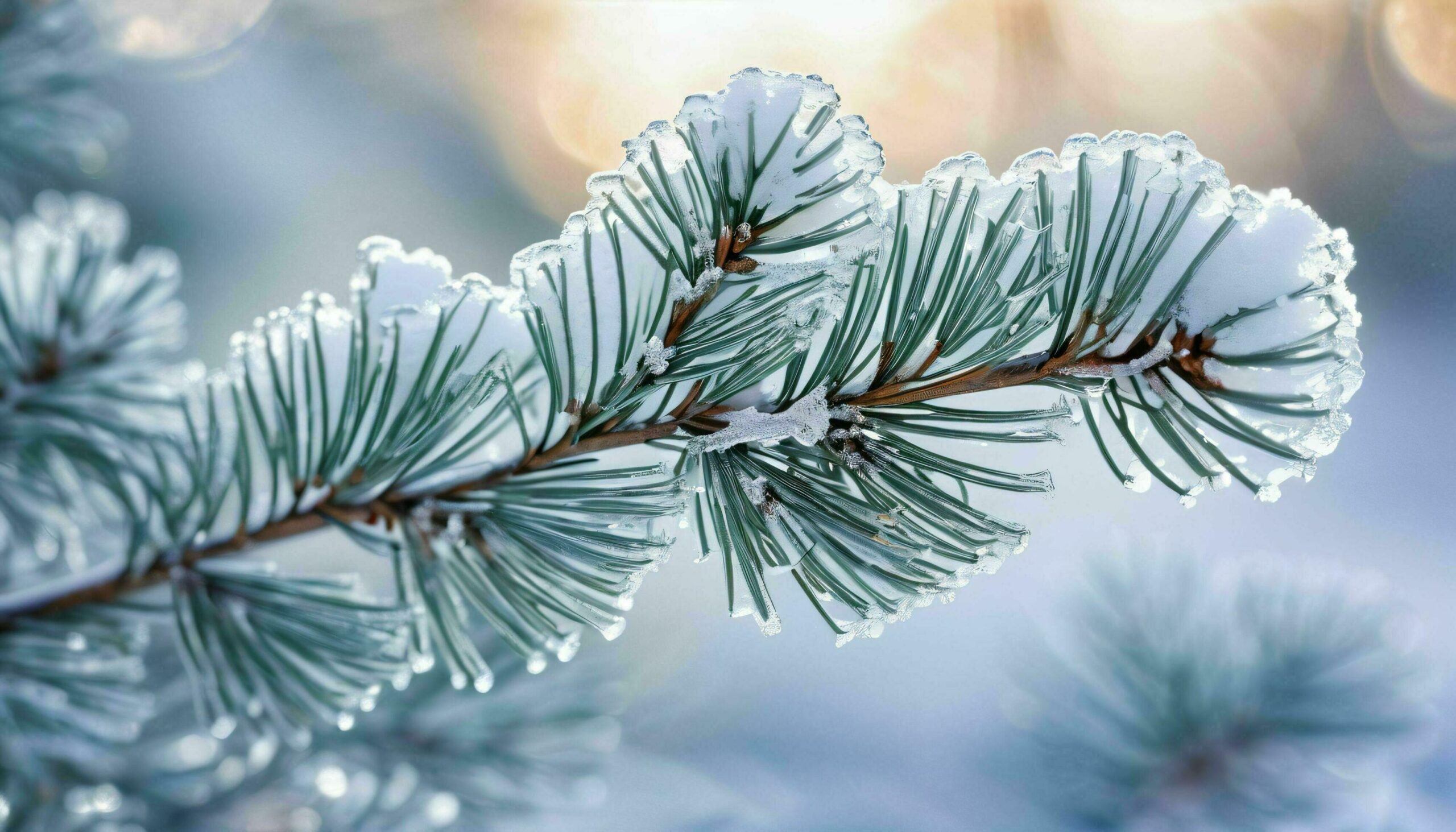 Ai-generated-snow-covered-pine-branch-in-sunlight-free-photo