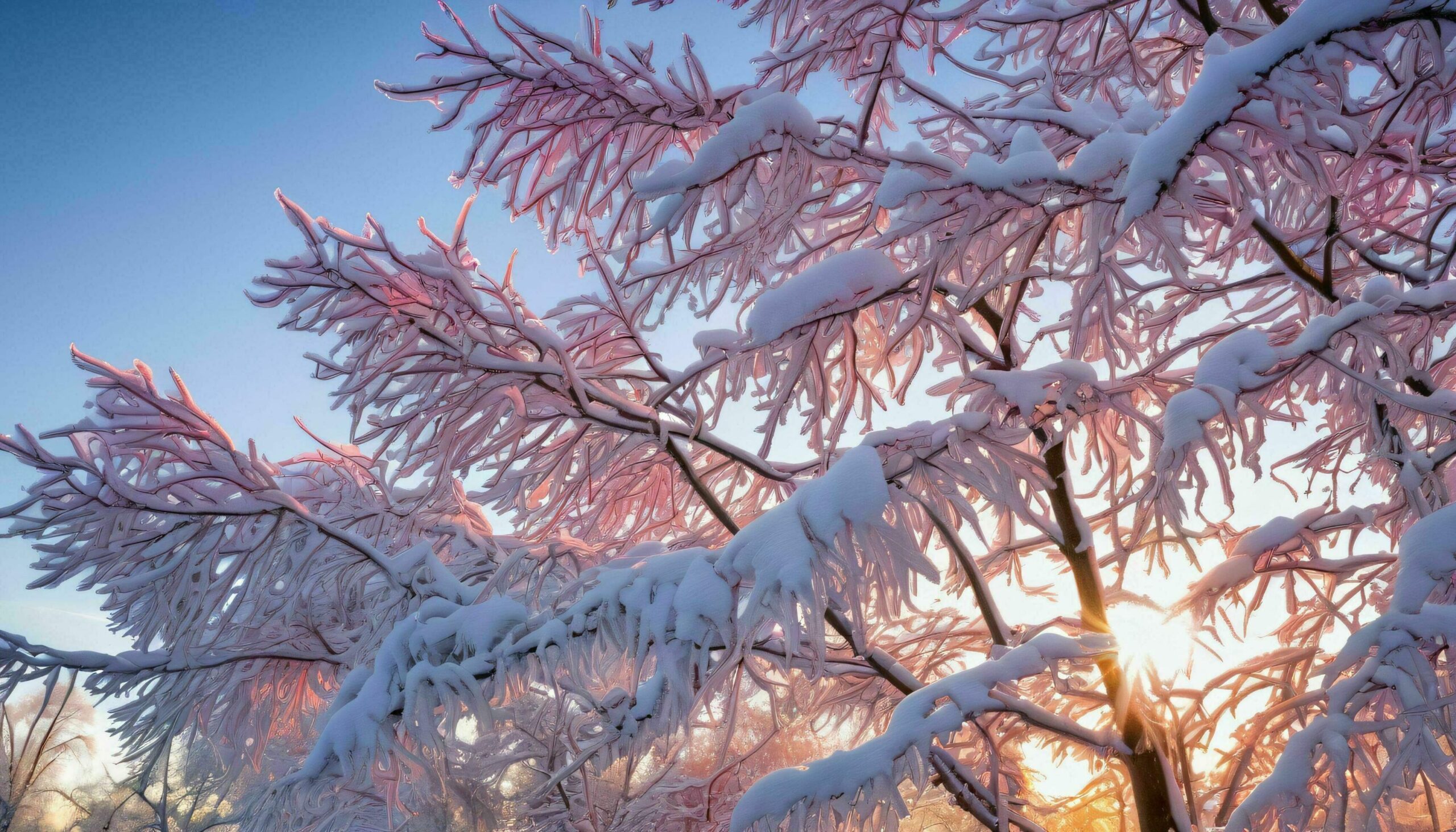 Ai-generated-snow-covered-tree-with-sunrise-in-backdrop-free-photo