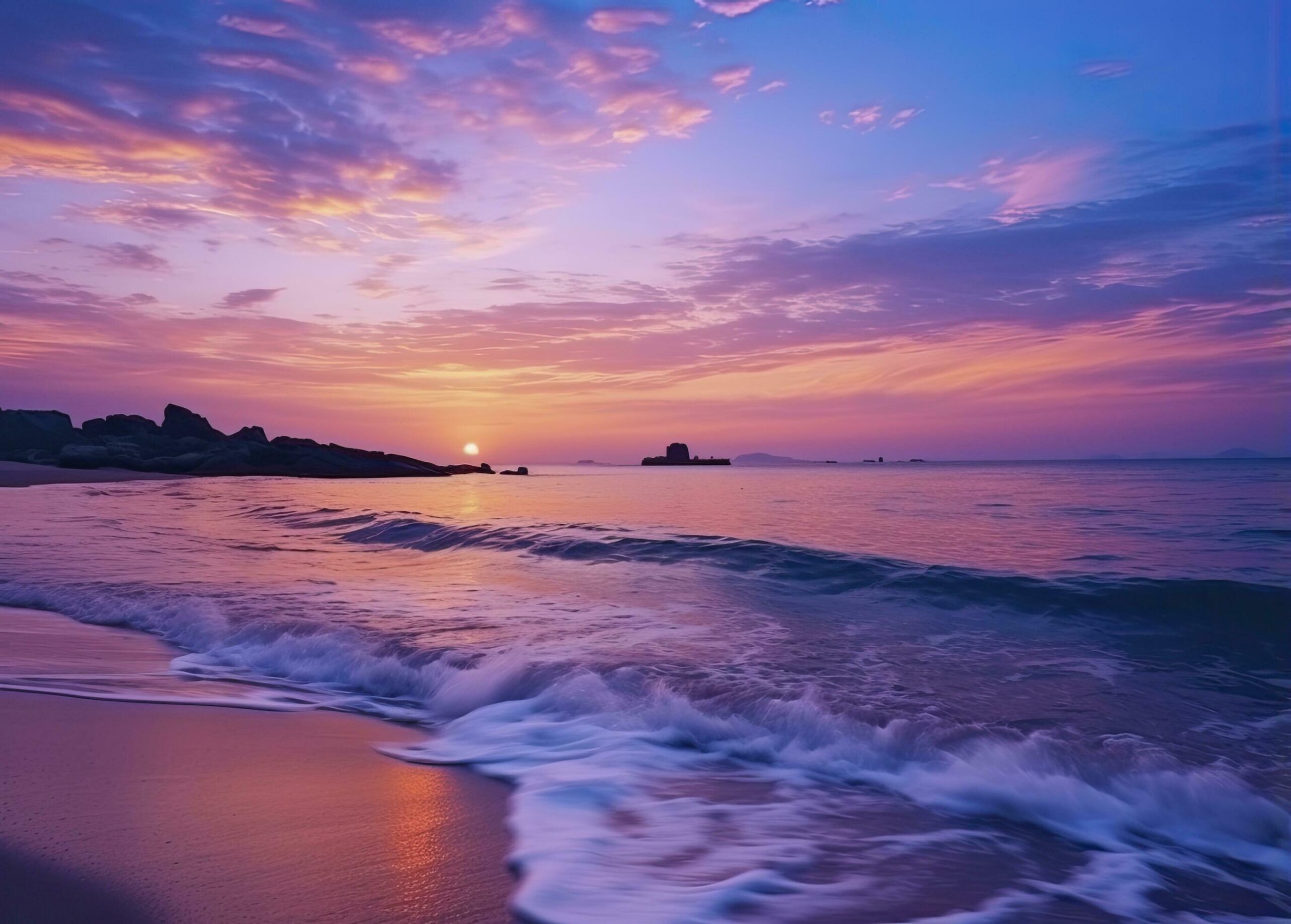 Ai-generated-summer-beach-with-blue-water-and-purple-sky-at-the-sunset-ai-generated-free-photo