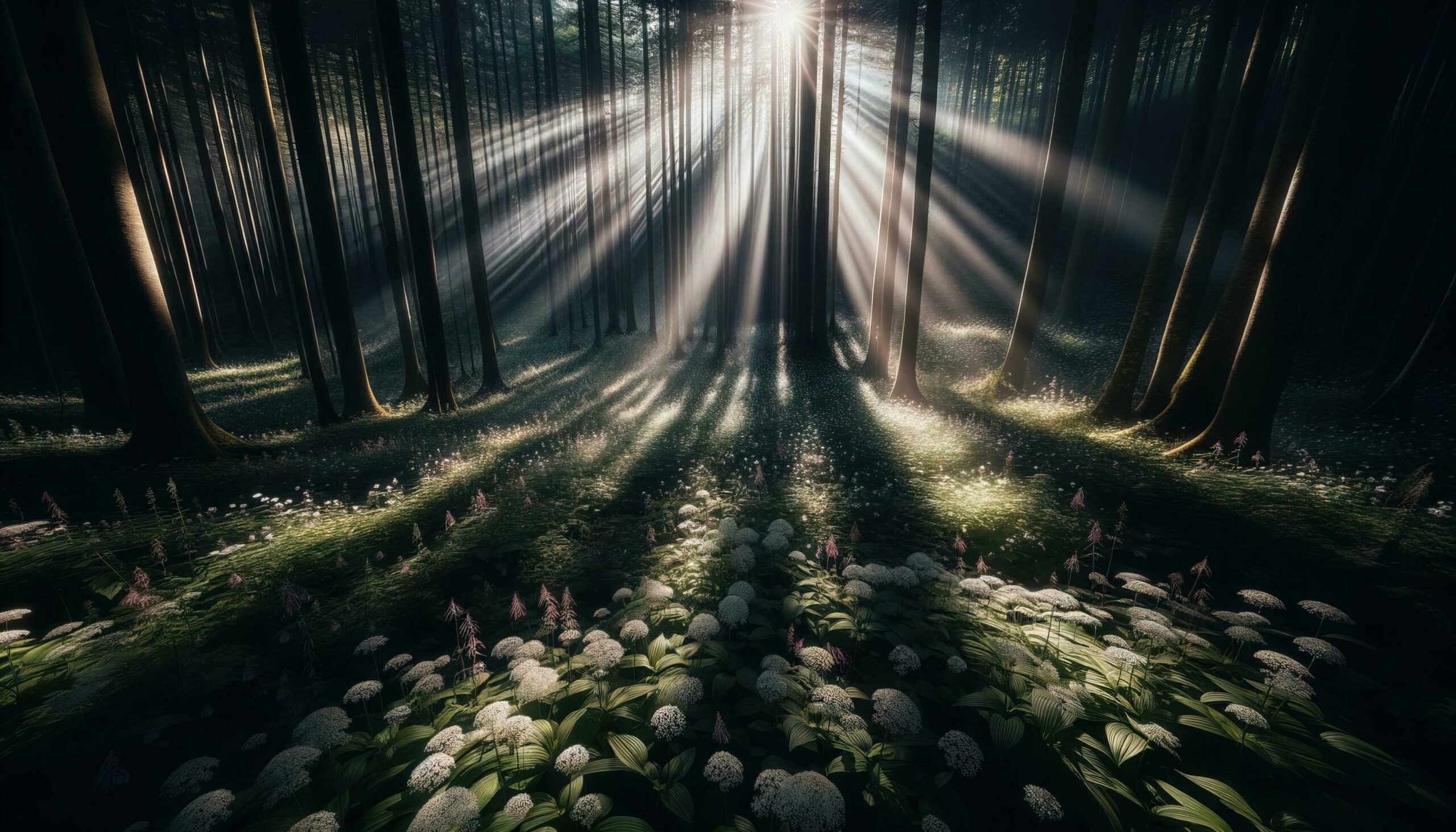 Ai-generated-sunbeams-piercing-through-a-dense-canopy-and-illuminating-the-wildflowers-beneath-generative-ai-free-photo