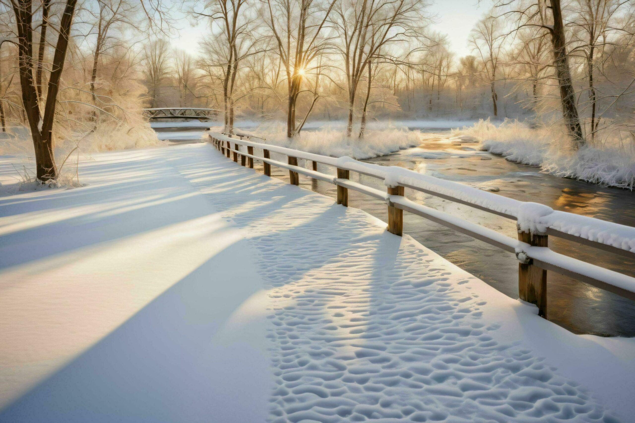 Ai-generated-sunlight-casting-shadows-on-snow-covered-bridge-free-photo