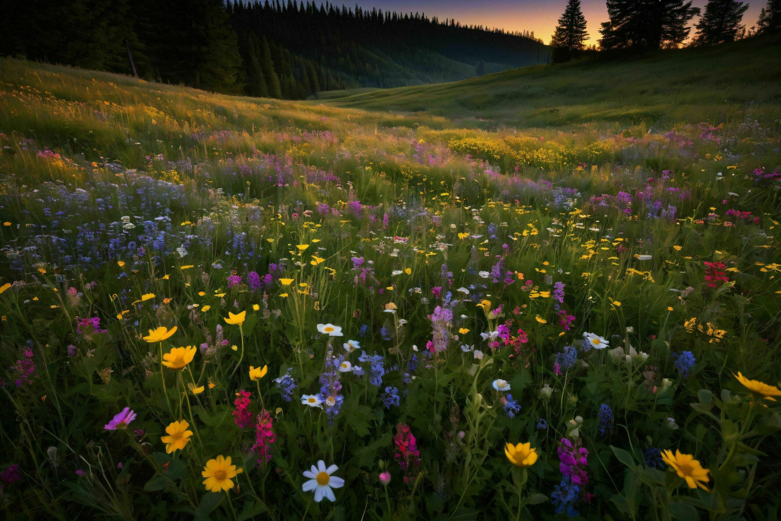 Ai-generated-wildflowers-in-mountains-at-sunset-free-photo