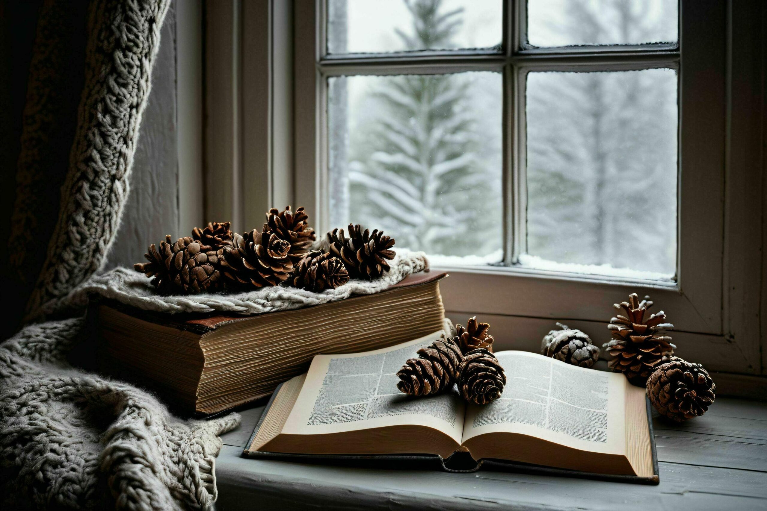Ai-generated-winter-window-sill-with-book-and-pine-cones-free-photo