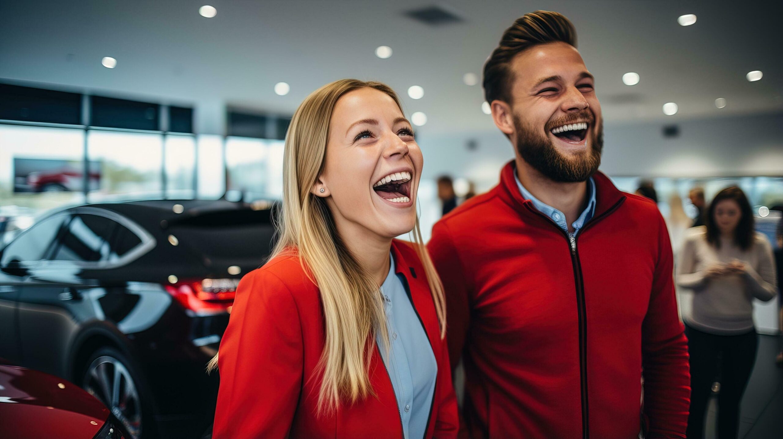 Ai-generated-young-couple-excitedly-choosing-their-first-car-in-a-car-dealership-generative-ai-free-photo