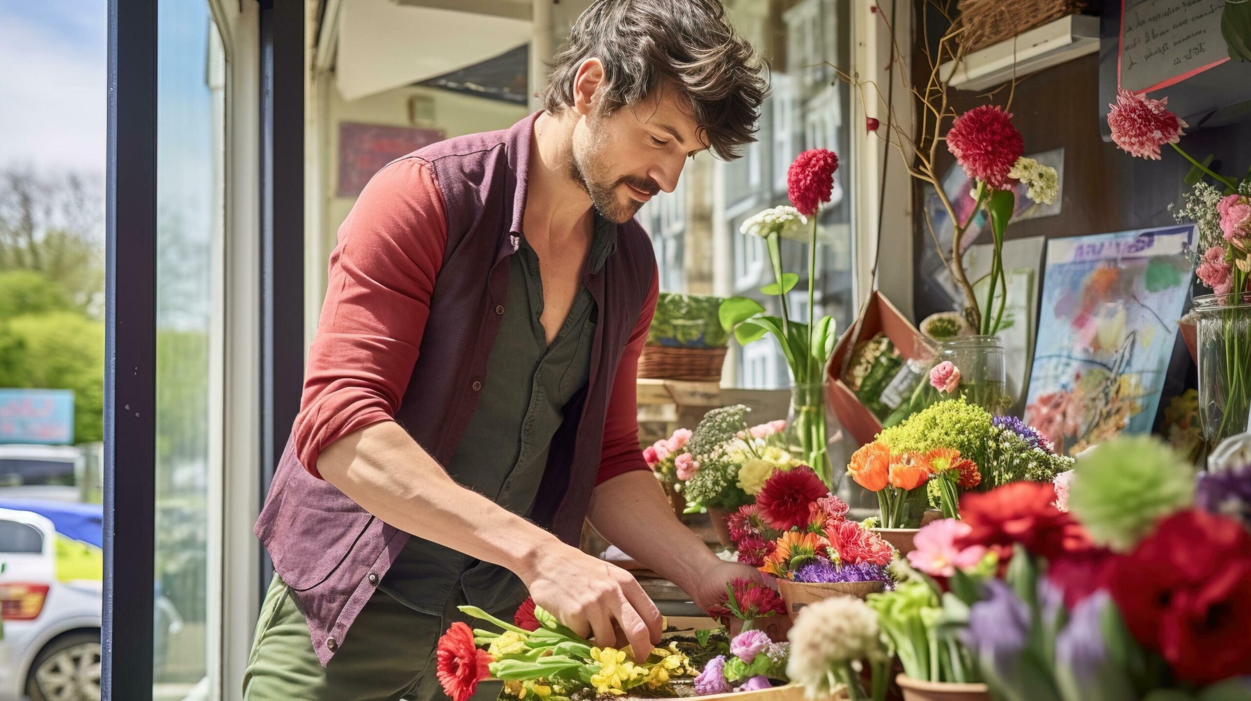 Ai-generated-young-man-buying-bouquet-from-florist-for-someone-special-generative-ai-free-photo
