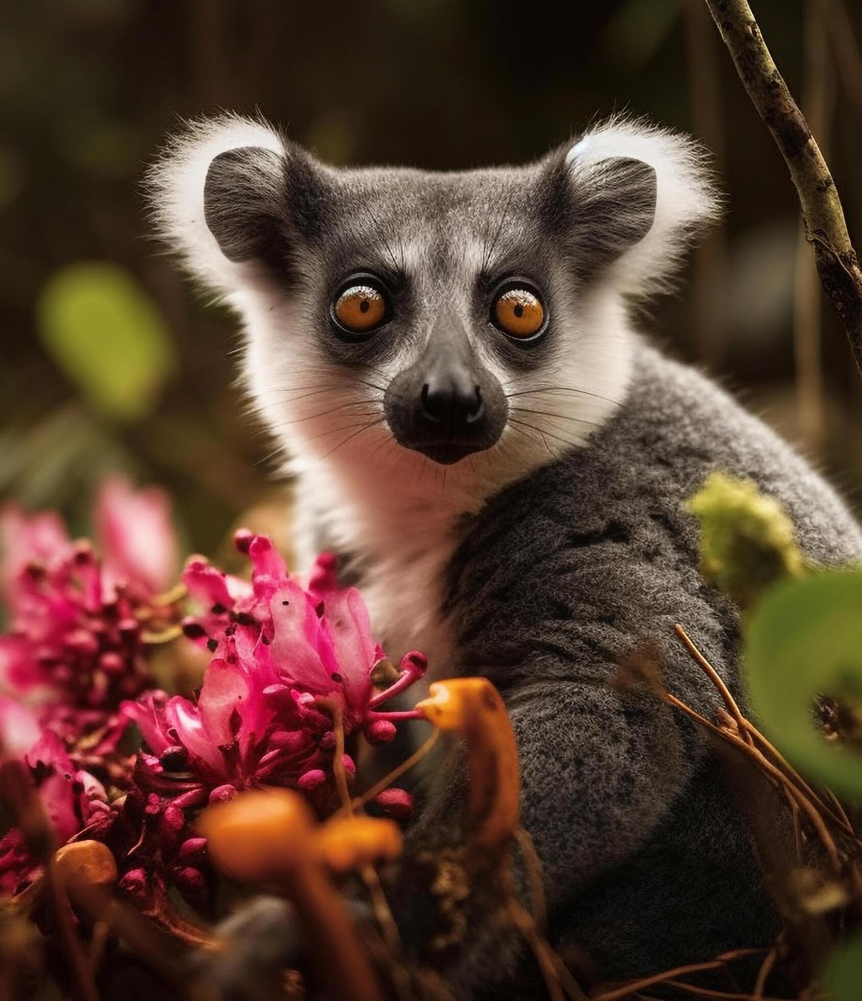 Cute-lemur-sitting-on-branch-staring-fluffy-fur-green-nature-generated-by-ai-free-photo