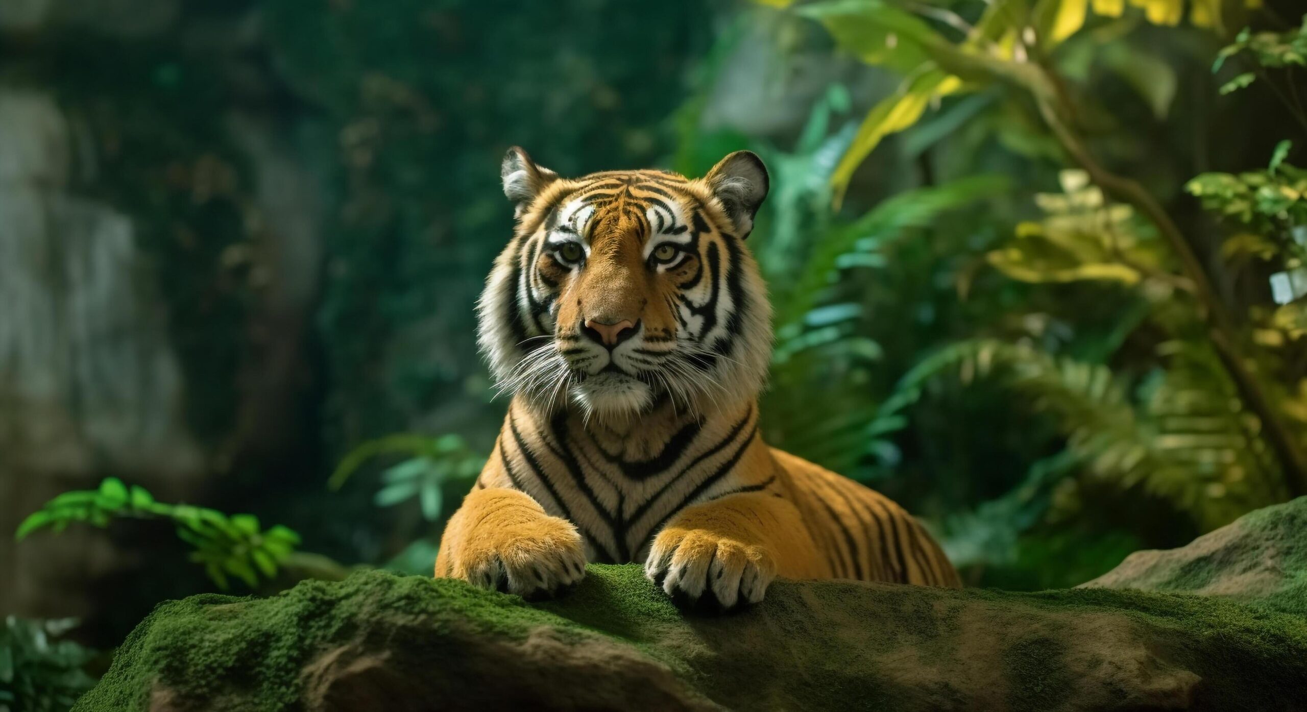 Majestic-bengal-tiger-hides-in-tropical-rainforest-staring-with-aggression-generated-by-ai-free-photo