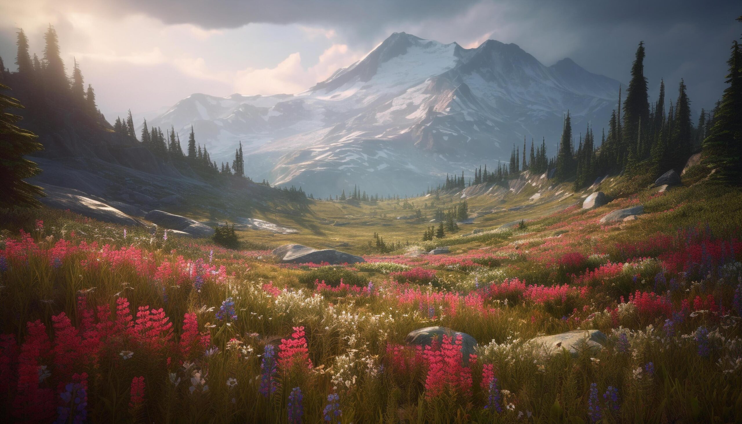 Majestic-mountain-peak-green-meadow-wildflowers-blossom-in-tranquil-nature-generated-by-ai-free-photo