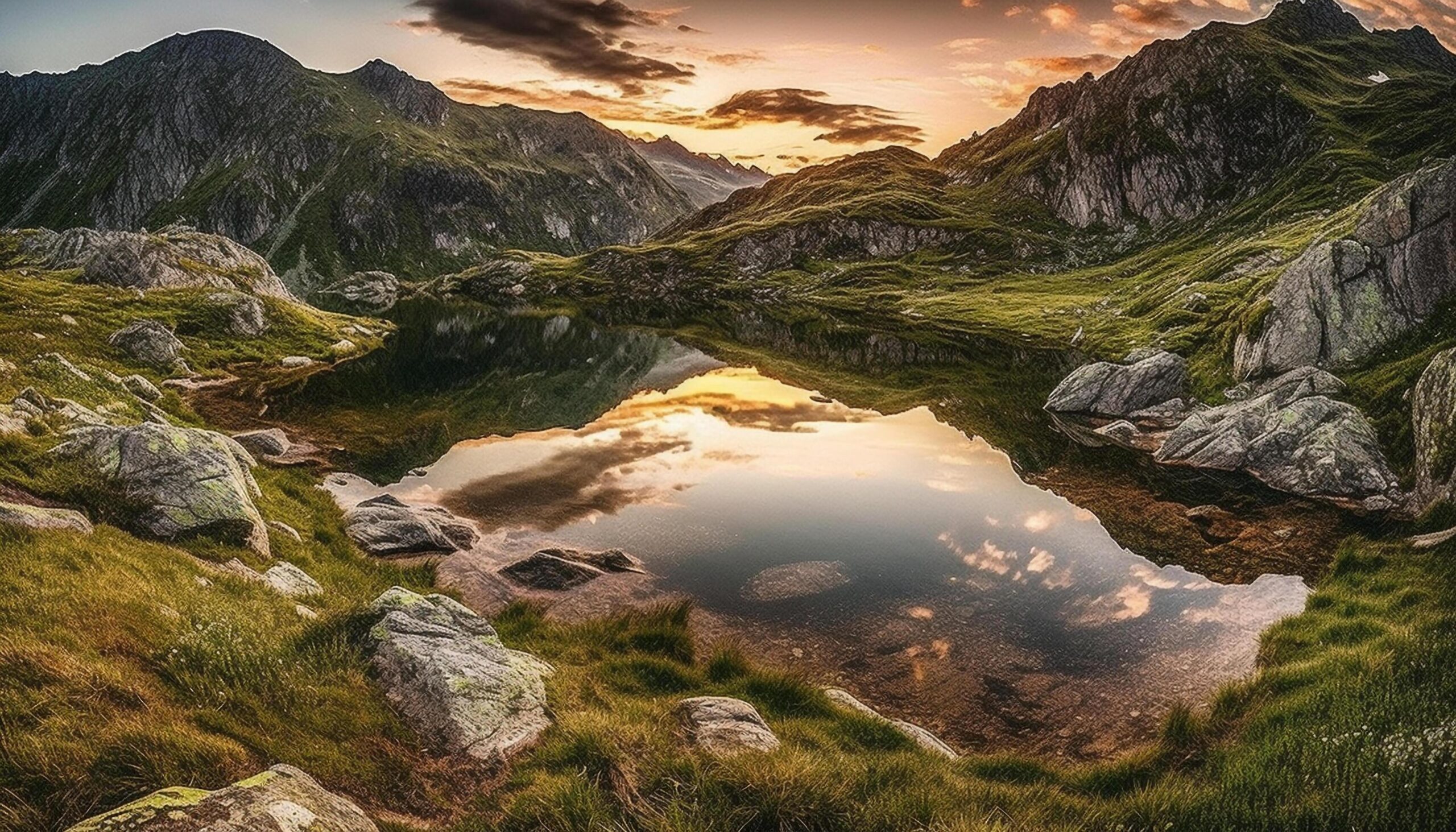 Majestic-mountain-peak-reflects-tranquil-sunset-over-flowing-mountain-pond-generated-by-ai-free-photo