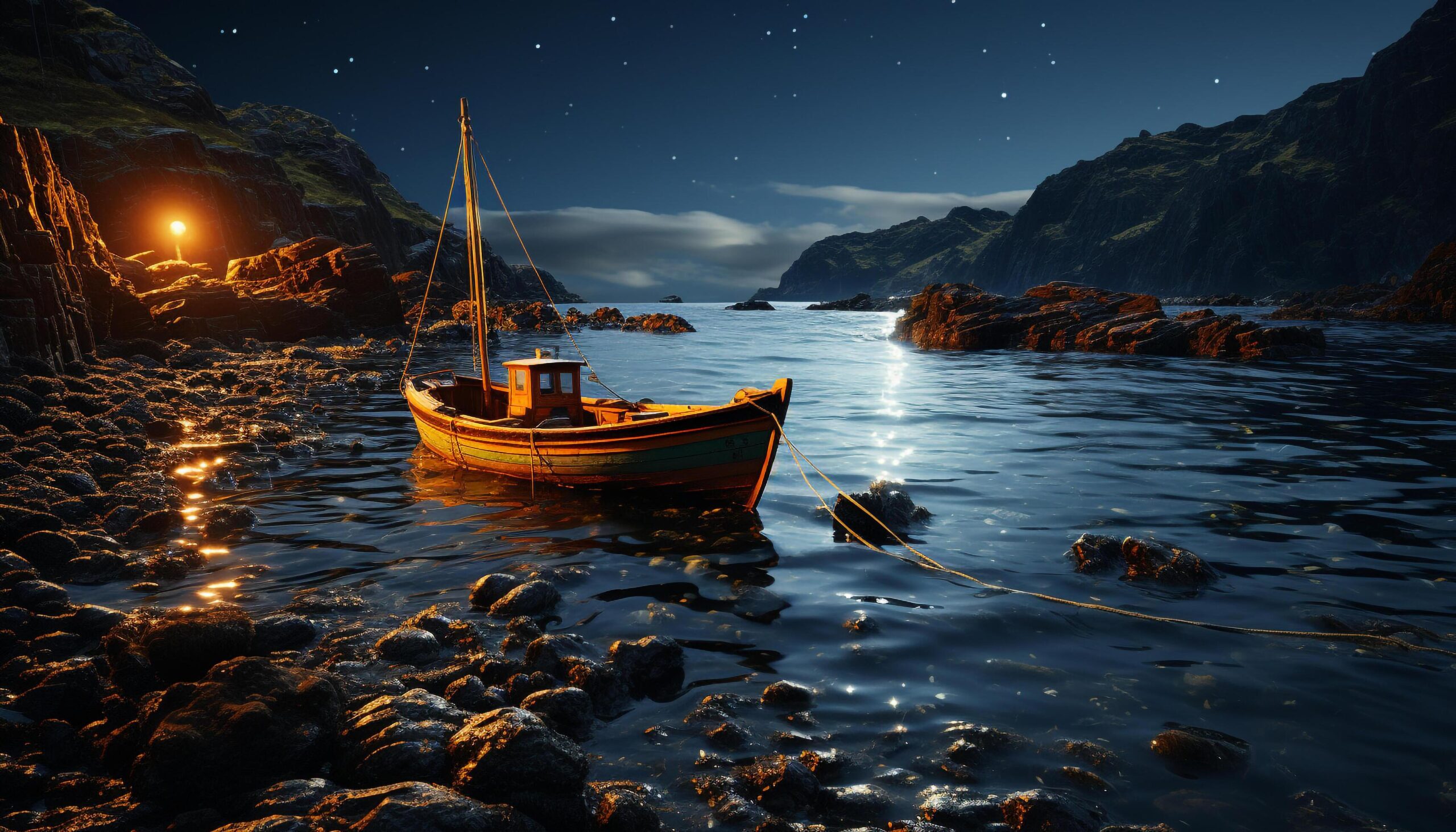 Nautical-vessel-sails-on-tranquil-seascape-under-moonlight-and-stars-generated-by-ai-free-photo