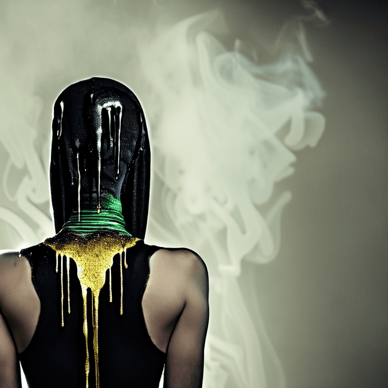 Close up portrait of a beautiful man on her knees, rear view, fit body covered with gold dripping slime and oil, dark and shadows, wet realistic pale clear skin, green eyes, wet platinum blonde short hair, dripping gothic makeup, dark fantasy, darkness, smoke and shadows, emphasis on the hips