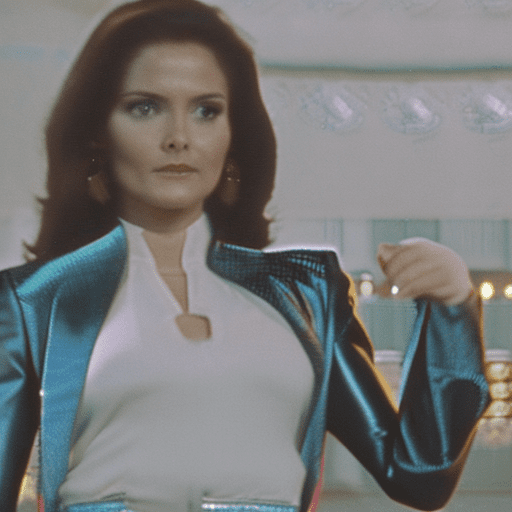 Very young tall brunette hair slim lynda carter wearing satin shiny black long sleeves collar shirt, zipper in front down, plunging neckline showing off very deep her bust, and blac satin shiny tight pants with waistband and flier. Lynda has bright blue sanpaku eyes, small tiny waist. She is standing, looking at the camera. Cinematic film still. Walking along a spaceship corridor