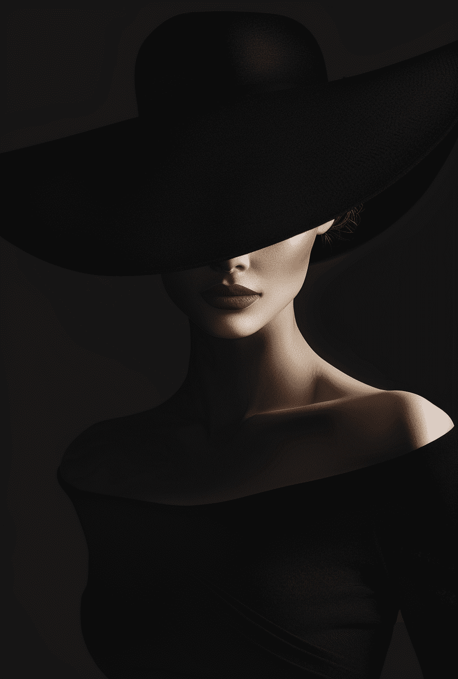 A woman in a black dress is wearing a big hat to the right, in the style of clever use of negative space, i can't believe how beautiful this is, light & shadow, crisp lines and forms, dark and intricate --ar 29:43 --v 6. 0