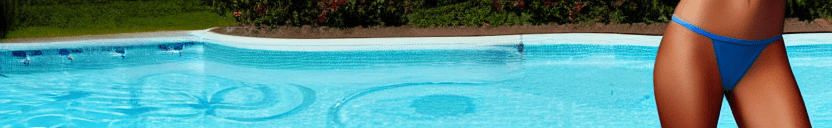 Hdr photo of beautiful fair skin woman with long light brunette hair, fit body, light-blue eyes, from behind, wearing bra and underwear, taking off her bra, looking over her shoulder at the viewer, standing in her backyard in front of a pool, midday, summer, bright and sunny. High dynamic range, vivid, rich details, clear shadows and highlights, realistic, intense, enhanced contrast, highly detailed