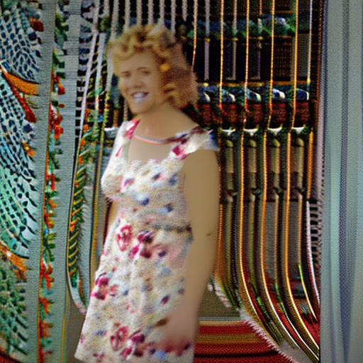 A middle-aged woman with short light brown hair stands holding two small bouquets of roses, white on the left, red on the right. She is wearing a bright summer dress with an abstract pattern mixing yellow, green, white and orange colors. She has a blue belt around her waist and is wearing white sandals. A woman stands on a sailing yacht, waves lapping against the background, a sunny day. Seagulls are flying around. Photo of a ultra realistic sailing ship, dramatic light, pale sunrise, cinematic lighting, battered, low angle, trending on artstation, 4k, hyper realistic, focused, extreme details, unreal engine 5, cinematic, masterpiece, art by studio ghibli, intricate artwork by john william turner