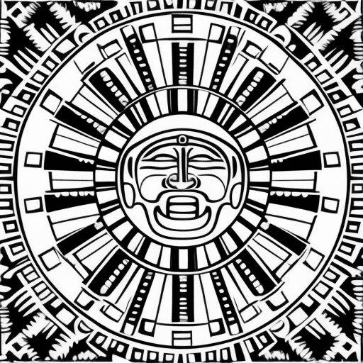Aztec stone art, the sun is painted on white background. It is hand drawn, very simple and minimalistic