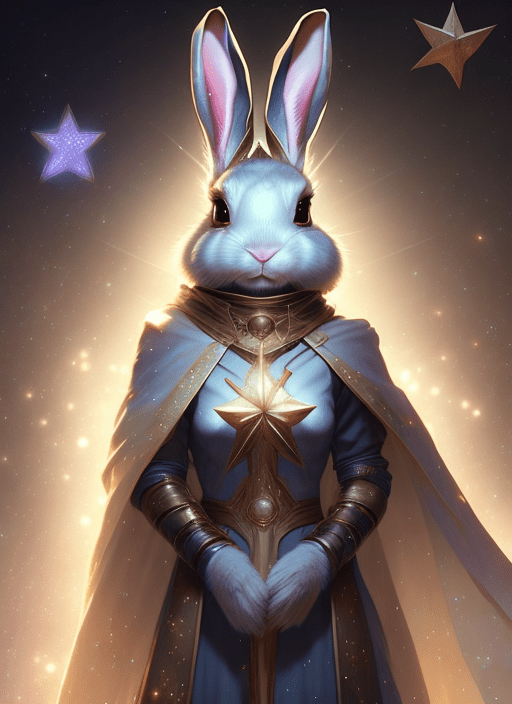 Cleric rabbit with a shroud of stars, ultra realistic, concept art, intricate details, eerie, highly detailed, photorealistic, octane render, 8 k, unreal engine. Art by artgerm and greg rutkowski and charlie bowater and magali villeneuve and alphonse mucha