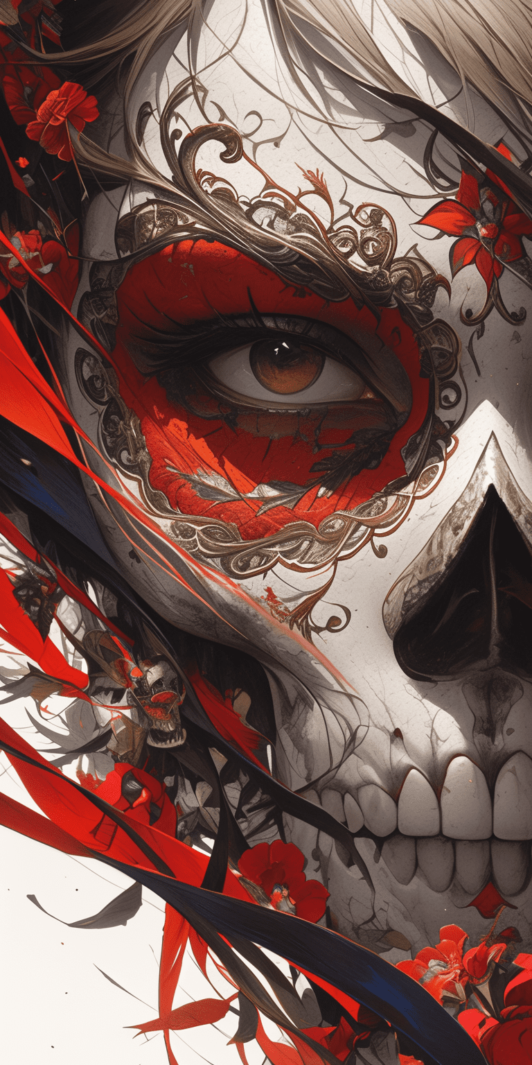 The skull, day of the dead art by linyu hong, in the style of dark white and red, graffiti art, realistic hyper-detail, intricate composition, monumental murals, silver and red, contemporary chicano --ar 1:2 --stylize 750 --niji 6