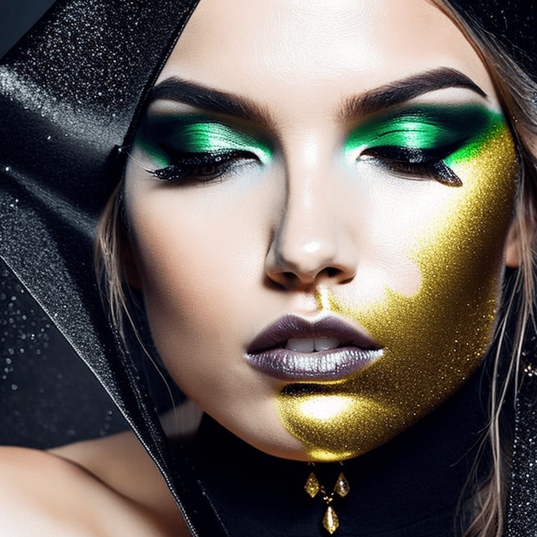 Close up portrait of a beautiful on her knees, rear view, fit body covered with gold dripping slime and oil, dark and shadows, wet realistic pale clear skin, green eyes, wet platinum blonde hair, dripping gothic makeup, dark fantasy, darkness, smoke and shadows, emphasis on the hips