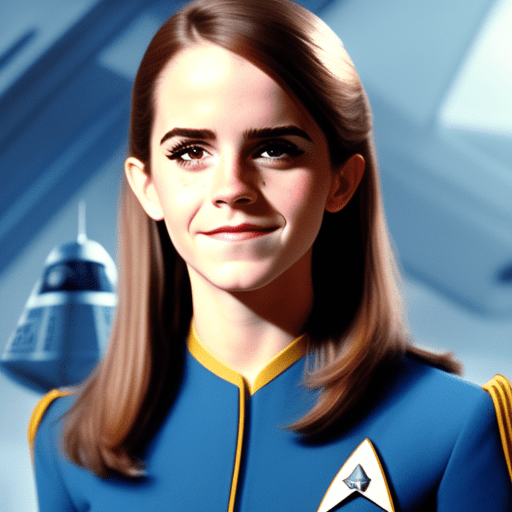 1969 portrait of emma watson as (hermione granger as a star fleet ensign) , smiling, wearing an all blue minidress uniform, star trek original series studio scene, enterprise