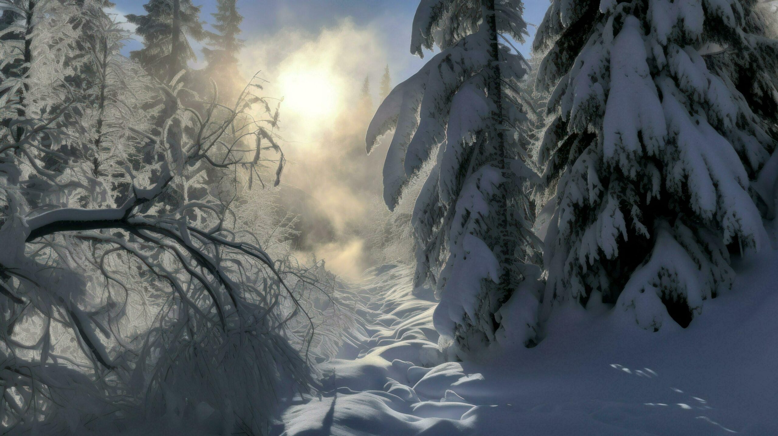 Ai-generated-a-serene-winter-scene-of-a-snowy-forest-with-tall-trees-covered-in-snow-creating-a-picturesque-landscape-generative-ai-free-photo