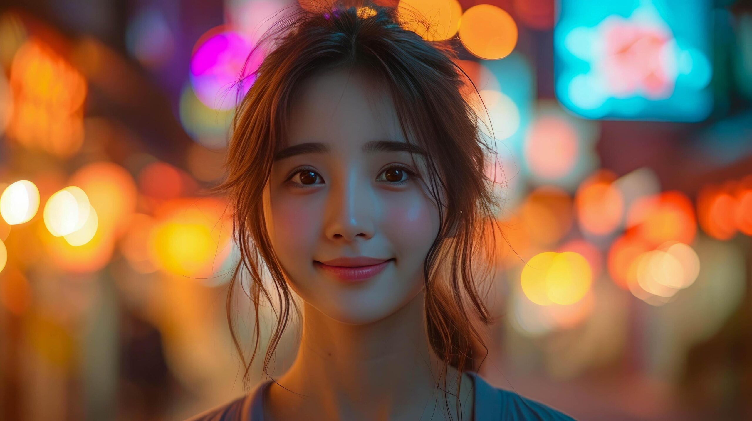 Ai-generated-portrait-of-a-beautiful-asian-woman-with-colorful-bokeh-background-free-photo