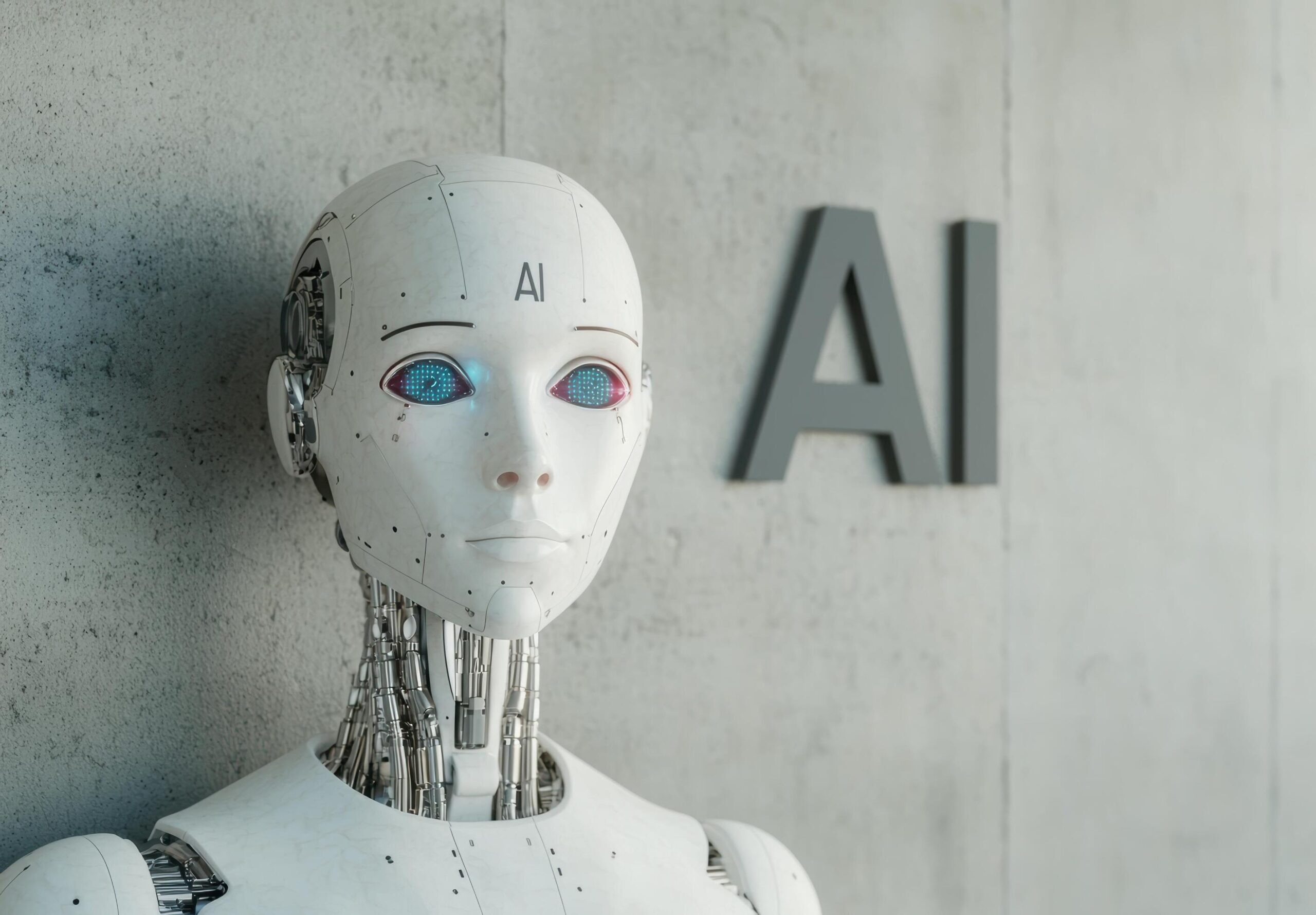 Ai-robot-standing-in-front-of-ai-logo-free-photo
