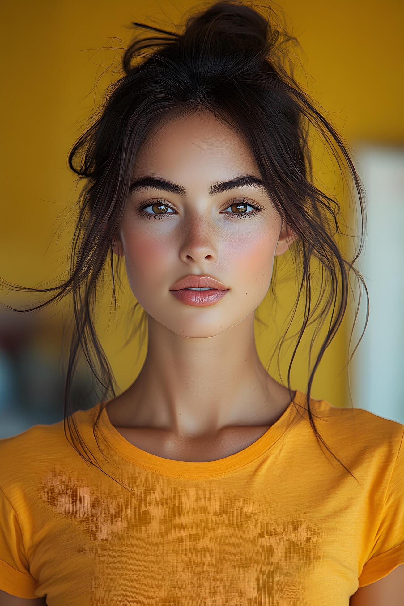 Portrait-of-a-young-woman-in-an-orange-t-shirt-top-half-body-facing-forward-with-a-yellow-blurred-background-free-photo