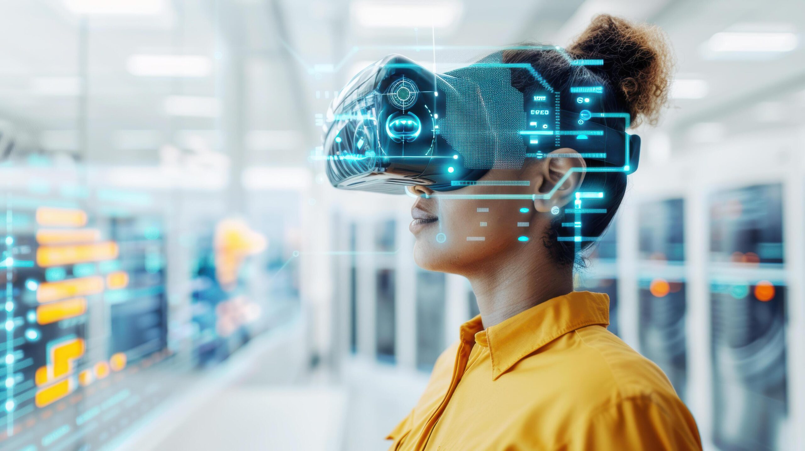 Professional-african-american-woman-scientist-wearing-virtual-reality-glasses-analysing-futuristic-holographic-data-information-technology-ai-cyber-security-threat-artificial-intelligence-college-free-photo