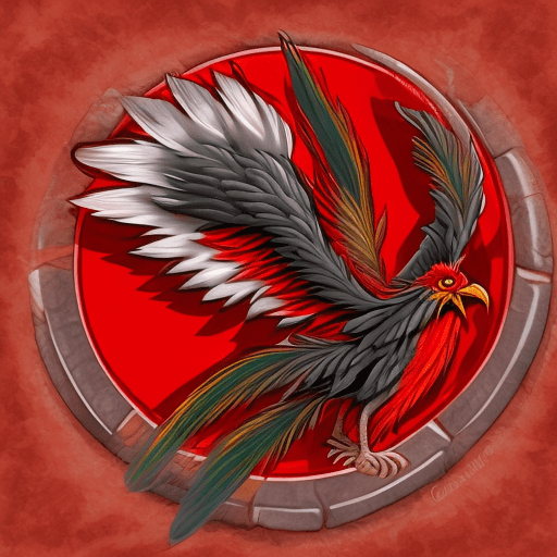 Phoenix cartoon like. Playing with stone cylindar. Red color of feathers