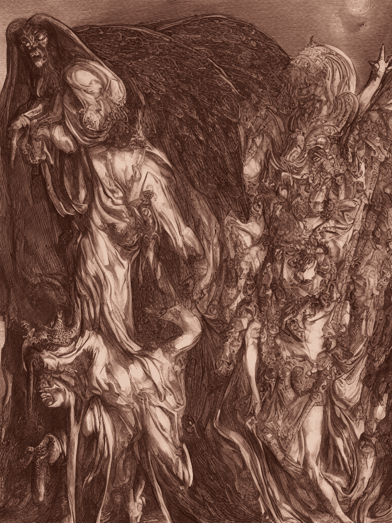 Renaissance style, a mysterious demonic/angelic apostle figure from berserk eclipse, with horns and huge demon wings sitting on a throne, glowing red moon through the window