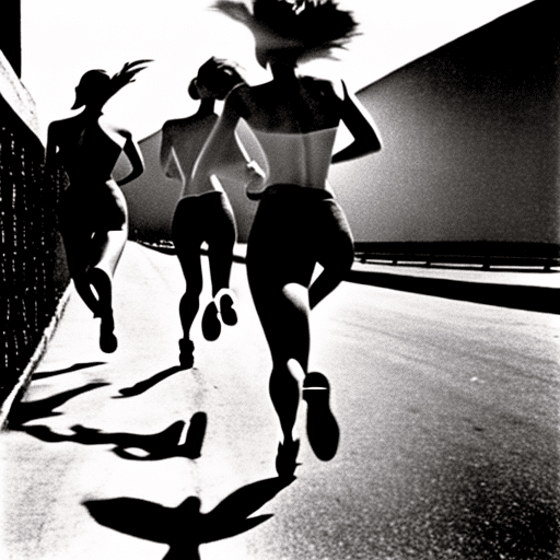 Helmut newton photograph of women running, in the style of intense gaze, hauntingly beautiful, richly layered, expressive eyes, jagged edges, western-style portraits, loose and fluid style --ar 73:111 --stylize 750 --v 6