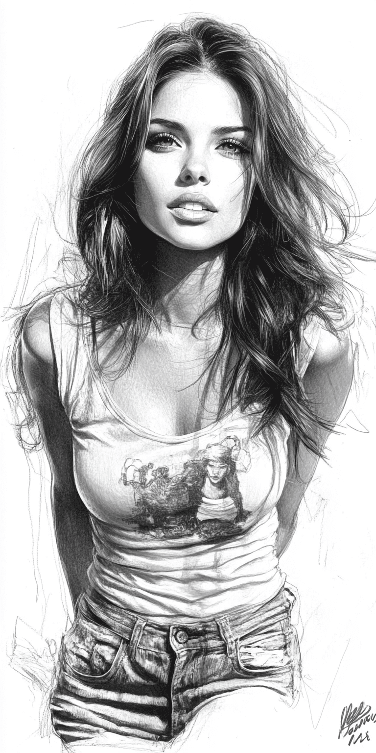 Black and white portrait of a woman wearing a tshirt, in the style of detailed comic book art, 32k uhd, animated gifs, i can't believe how beautiful this is, detailed character illustrations, curves --chaos 75 --ar 1:2 --personalize yruxpc2 --stylize 750 --v 6. 1