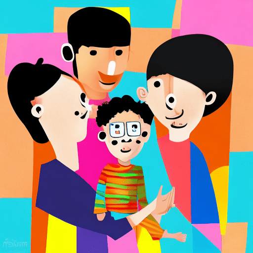 Illustration art, series of simple, colorful, family, mom, dad, son, daughter, exaggerated, solid-black background, humorous, bold outlines, colors limited to three main hues --ar 9:16 --style raw --stylize 300