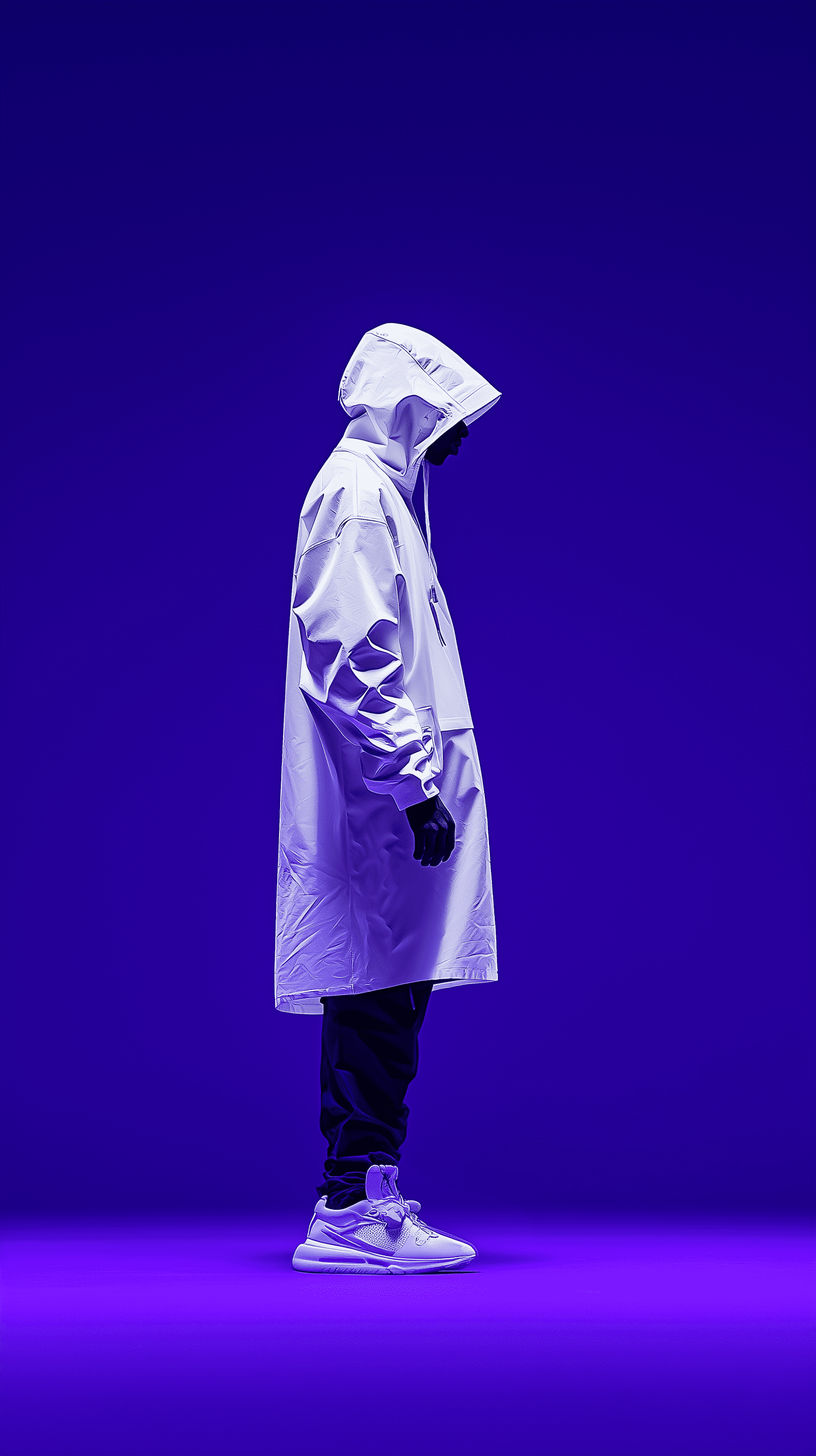 Fashion photography, professional man model, shot with canon eos r3, 50mm f/1. 2 rf lens, f/2. 8 settings, 1/160s, iso 1600, gradient neon violet, streetwear style, holographic effect on wear, luminescent sneaker soles, dark backdrop with deep purple atmospheric lighting, professional studio setup with two led strip lights at floor level and one overhead softbox at 5600k, cyberpunk aesthetic, side profile pose with silhouette, dramatic contrast, ultra sharp details, photorealistic quality, 48k resolution, rich detailing --chaos 16 --ar 9:16 --style raw --personalize c84qxg1 --stylize 300 --v 6. 1
