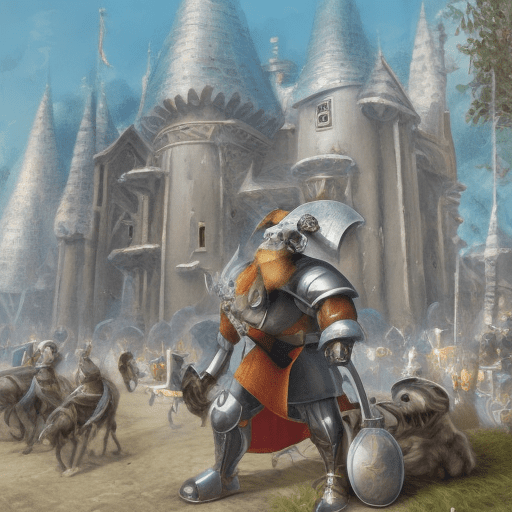Hyperrealistic knight monkey during war in the middle age, he is sittin, in the background horses and knights are passing by. The background is a midle age city