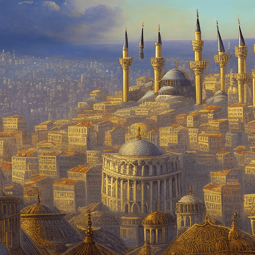 A concept art painting of the cityscape of top�anne, istanbul with an intricate and ornate palace in its center surrounded by buildings of various heights and styles, set against a backdrop of a vast ancient bazaar. The sky is clear and sunny, casting long shadows over everything below. In front of it stands two statues that tower above all other structures, their heads raised towards eachother as if they were to reach out for touch. Fantasy setting. Medieval period. --ar 8:5 --v 5. 2 --style raw