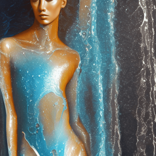 Female body, oil melting, semi-transparent outfit, water patterns