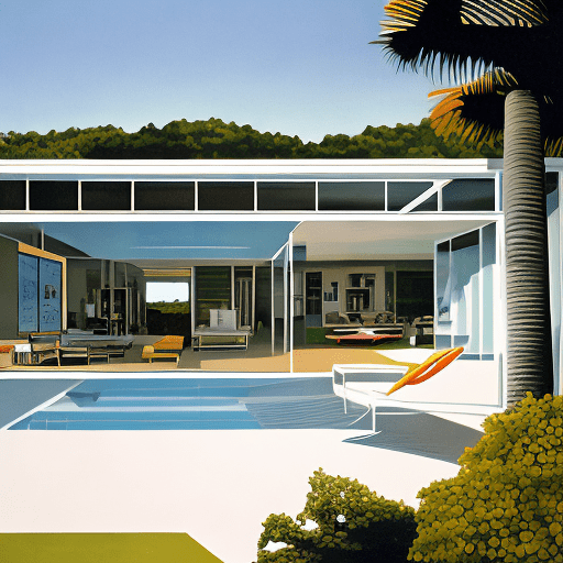 Rosie perez spanking nicole murphy hyper realistic eye level exterior photo of a mid century modern style house overlooking the ocean, daylight, indirect lighting, ad magazine, frank lloyd, eames, mies van der rohe